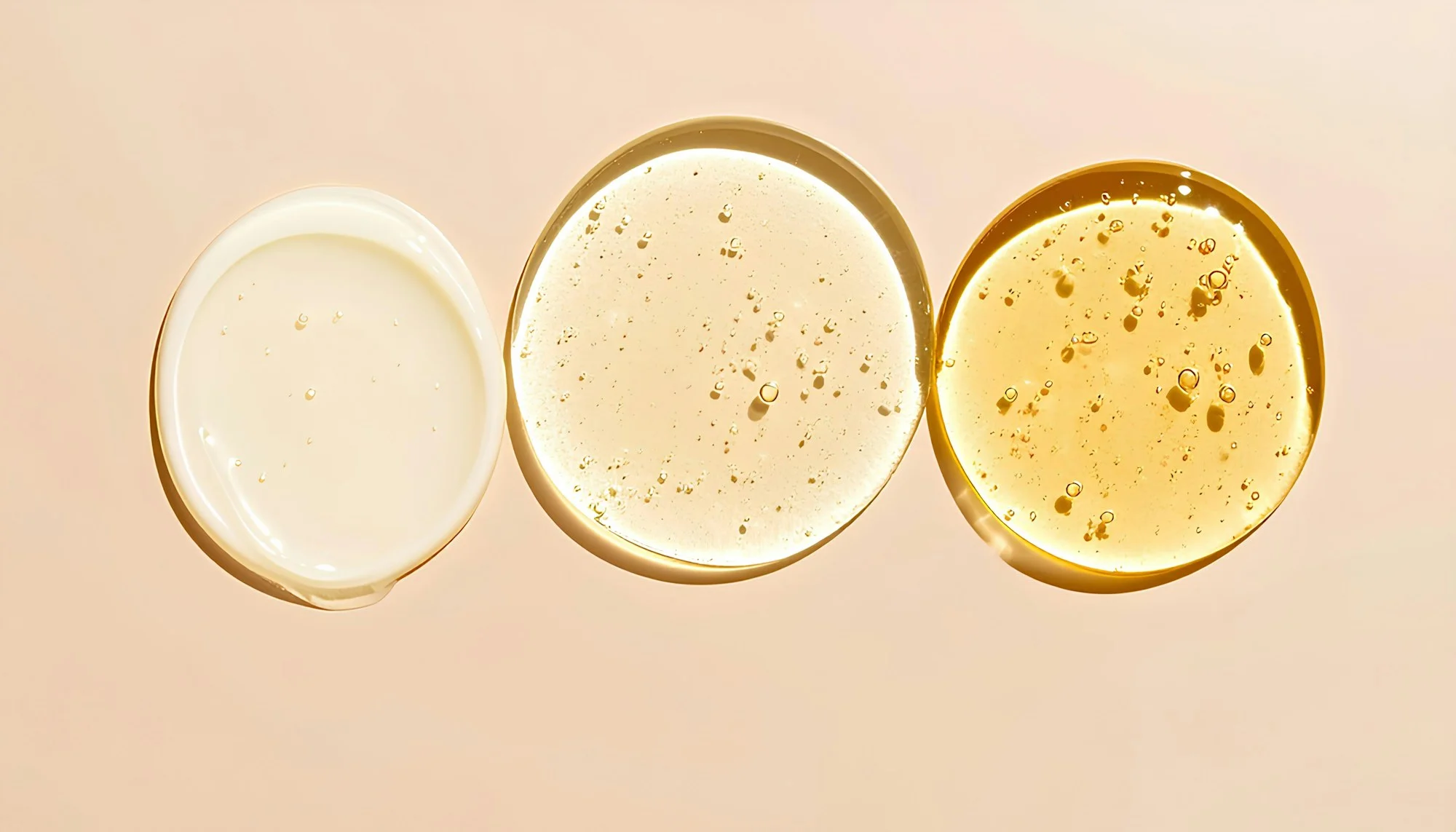 Trois textures de soin alignées : crème, gel et huile