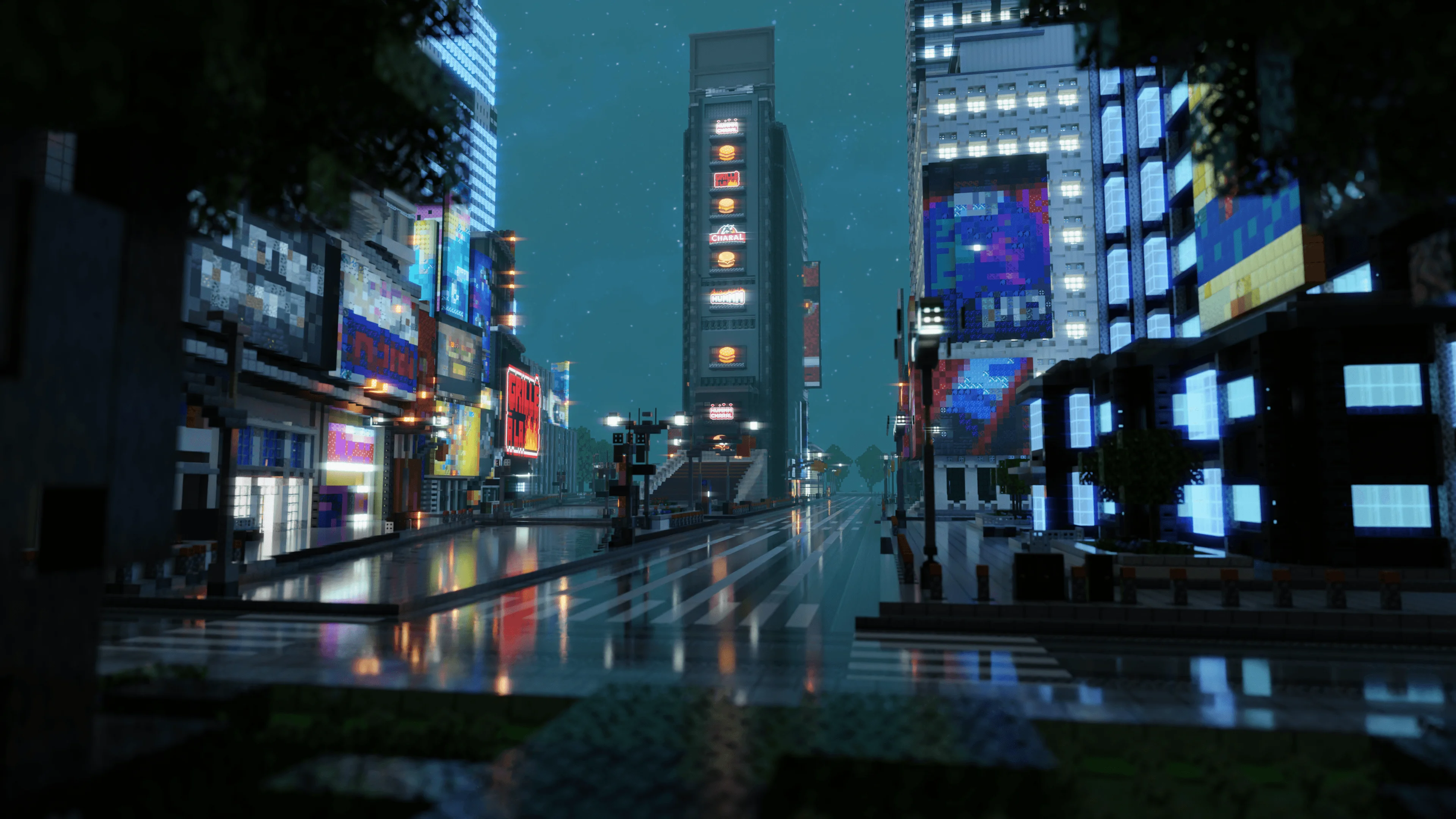 Times Square de nuit, réimaginé dans Minecraft