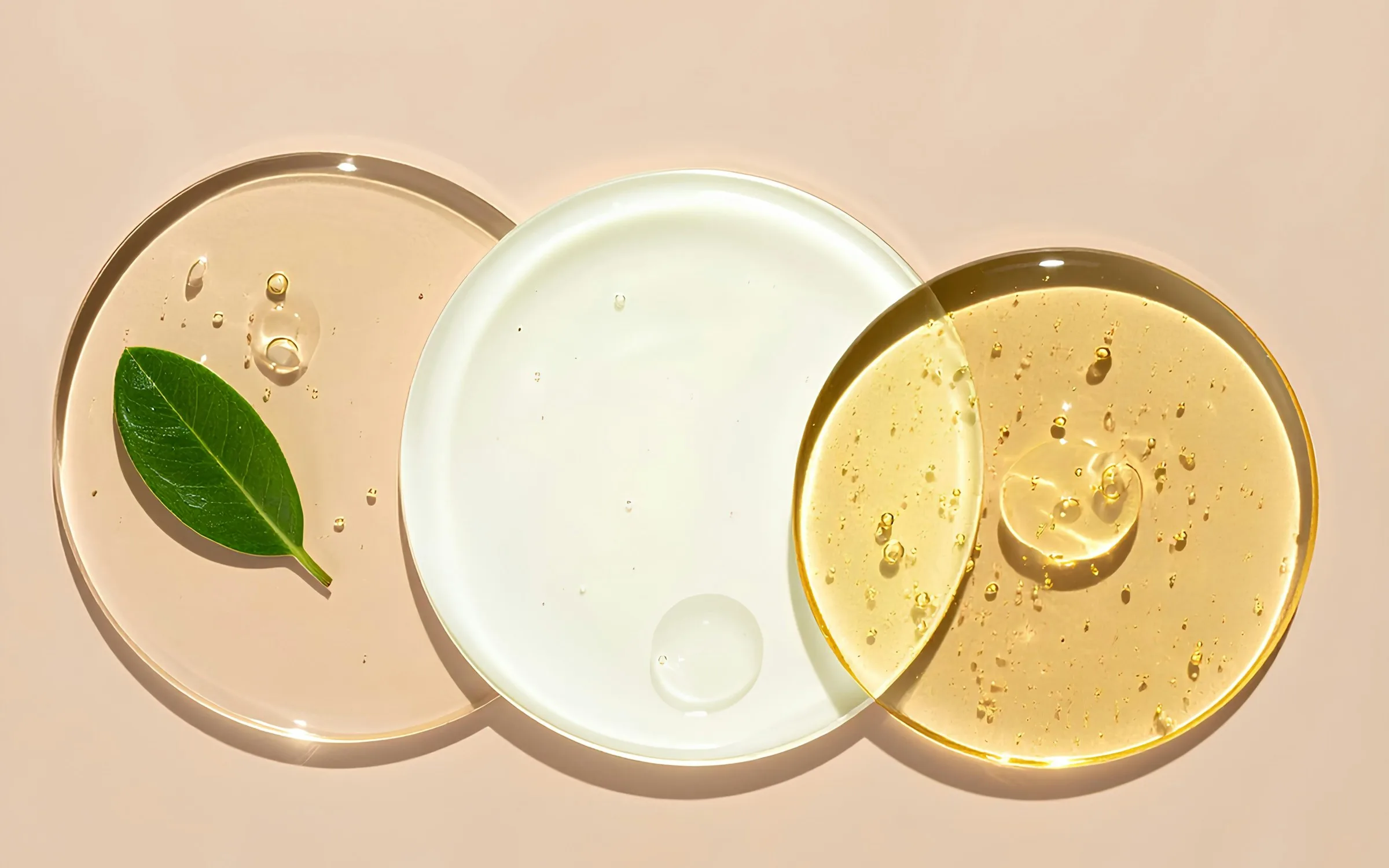 Crème, gel et huile de soin sur des disques de verre, avec une feuille verte